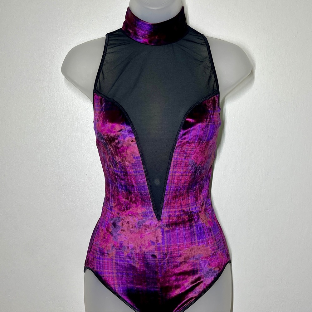 Victorias Secret Gold Label Vintage Velvet Purple and Black Sheer Bodysuit
